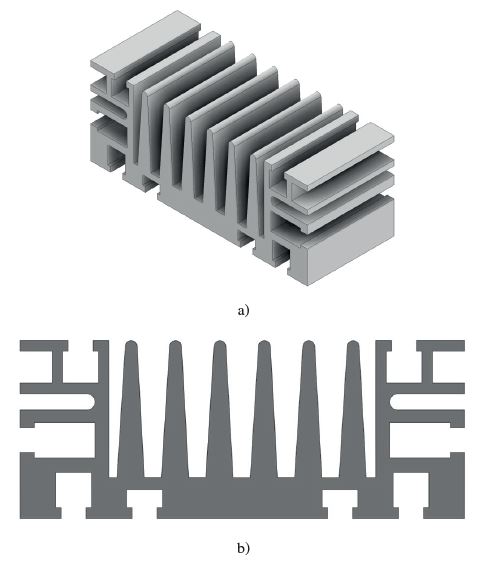 Heat sink, a) 3D view and b) front view.