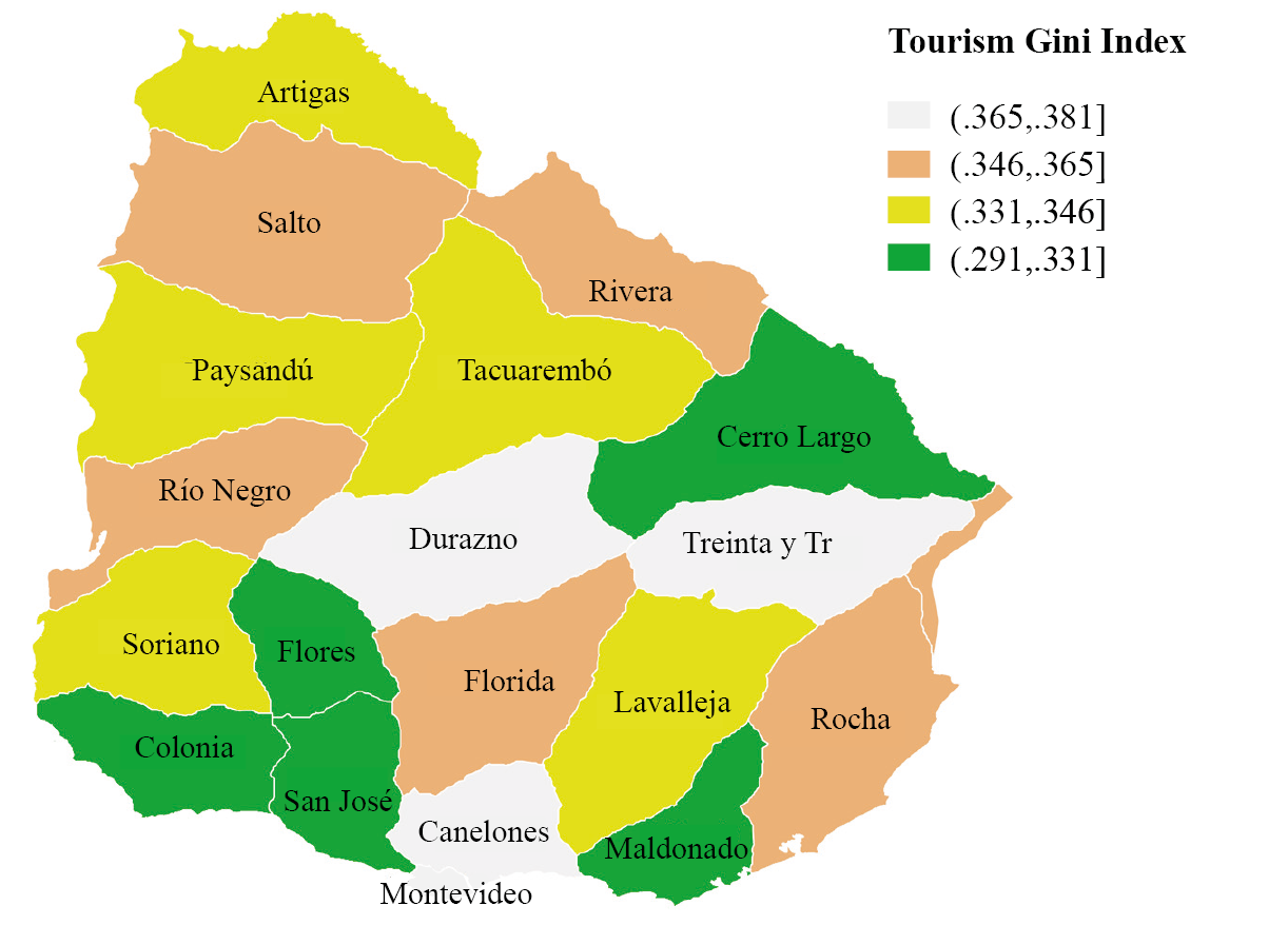 Average Gini Index per department in Uruguay. Year 2019