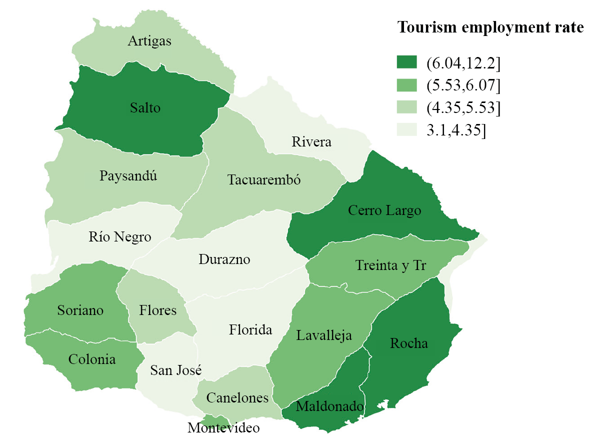 Tourism employment rate per department in Uruguay. Year 2019