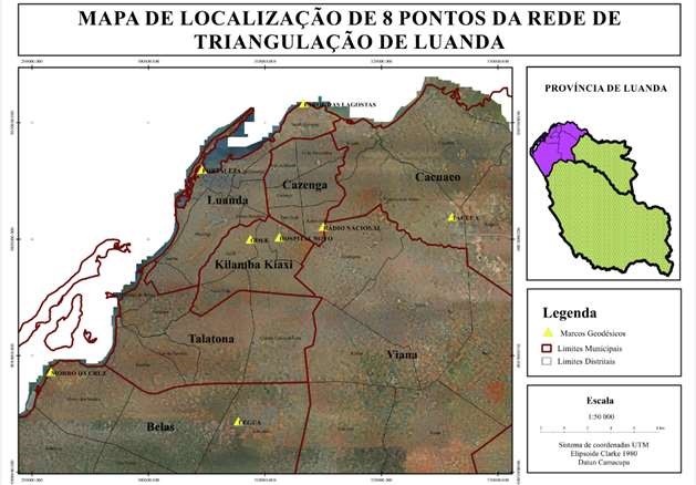 Figura 2 - Ilustração dos vértices utilizados na determinação dos parâmetros de transformação na Província de Luanda.
