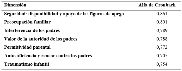 Valores alfa de Cronbach de las dimensiones de la prueba CaMirR