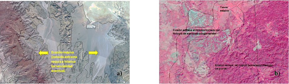Ajuste del grado de erosi&oacute;n en pol&iacute;gonos con informaci&oacute;n clim&aacute;tica disponible. a) Erosi&oacute;n extrema en ambiente de intensa sequ&iacute;a natural. b) Erosi&oacute;n extrema (zona de areniscas) y leve (zona de granito), con similar condici&oacute;n de precipitaci&oacute;n, pero con litolog&iacute;a y grado de actividad humana diferente.