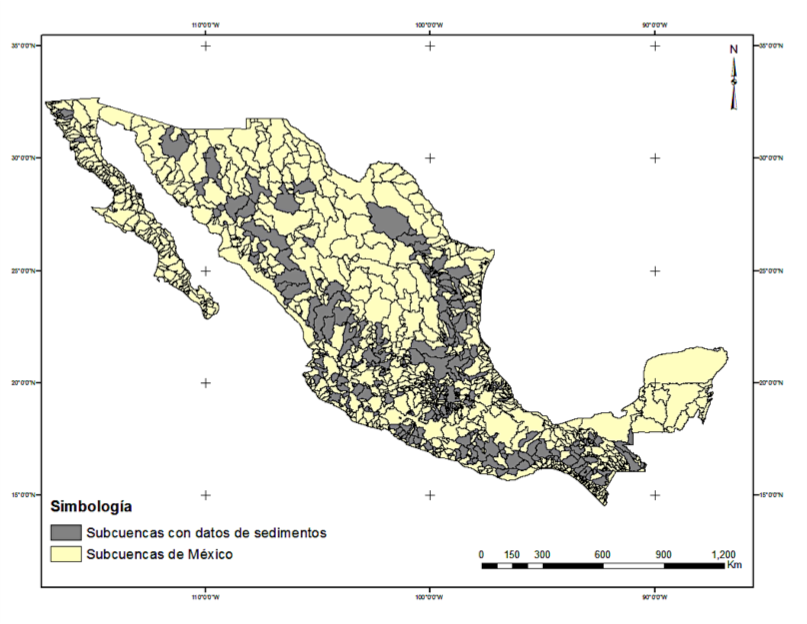 Distribuci&oacute;n de las subcuencas instrumentadas en M&eacute;xico con datos de sedimentos