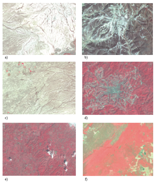 Ejemplos de erosi&oacute;n h&iacute;drica dominante: a) Erosi&oacute;n planar extrema, asociada con fuerte erosi&oacute;n en c&aacute;rcavas, b) Erosi&oacute;n linear extrema (asociada con erosi&oacute;n planar extrema), c) Erosi&oacute;n linear fuerte (con relictos de erosi&oacute;n planar extrema), d) Erosi&oacute;n antr&oacute;pica intensa, asociada con erosi&oacute;n linear moderada e) Erosi&oacute;n leve (oeste) a moderada (este), se aprecia el avenamiento linear asociado con cobertura vegetal cerrada y f) Suelo estable, asociado con alto contenido de COS y cubierta vegetal bien conservada.