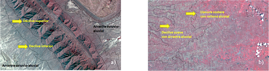 Ajuste del proceso erosivo a partir de la orientaci&oacute;n y grado de inclinaci&oacute;n de la pendiente. La imagen a), muestra que la cobertura vegetal protectora m&aacute;s intensa se localiza en el declive superior. Por el contrario, sobre el declive inferior cruzan las corrientes m&aacute;s veloces que alcanzan su punto m&aacute;ximo en las zonas de arrastre coluvio-aluvial. La imagen b), corresponde a una zona costera donde la llanura aluvial es diferenciable con el apoyo del modelo de pendientes. La zona de transici&oacute;n entre el declive suave inferior y el relleno aluvial es la zona con mayor potencial de erosi&oacute;n. Conocer la posici&oacute;n geomorfol&oacute;gica es importante para sustentar los criterios de separaci&oacute;n entre los procesos erosivos leves y moderados.