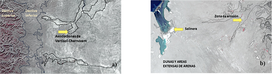 Ajuste del grado de erosi&oacute;n en pol&iacute;gonos con informaci&oacute;n edafol&oacute;gica disponible. a) Algunos ejemplos frecuentes son los Vertisoles &aacute;ridicos y los Kasta&ntilde;ozems hiperc&aacute;lcicos, que por un lado reflejan histogramas de alto contraste, similares a sitios con extrema erosi&oacute;n, pero que en realidad poseen alta fertilidad natural (profundidad, carbono org&aacute;nico, ligera basicidad) ideal para la actividad agr&iacute;cola. b) Un caso especial son los Arenosoles con gran extensi&oacute;n, que en general no tienen problemas de erosi&oacute;n h&iacute;drica significativa, excepto los situados en los m&aacute;rgenes o dentro de los cauces m&aacute;s inestables.