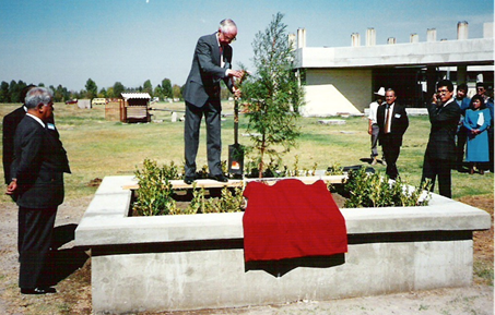 En 1989 se conmemoró el XXX Aniversario de la Especialidad de Edafología, el Dr. Reggie J. Laird Broom plantó un ahuehuete (foto del archivo del Programa de Edafología).