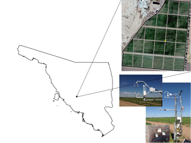 &Aacute;rea de estudio y equipo instalado, predio el &Aacute;guila, Costa de Hermosillo, M&eacute;xico.