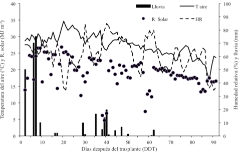 Comportamiento diario de temperatura, humedad relativa y precipitaci&oacute;n durante el ciclo de cultivo de sand&iacute;a, en 2014.