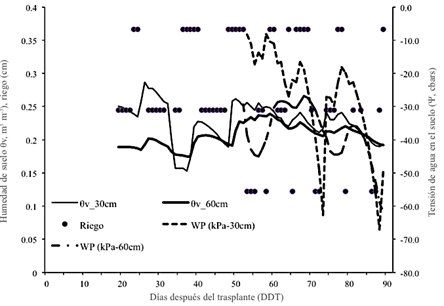 Din&aacute;mica de la humedad, tensi&oacute;n en el suelo y riego, en el cultivo de sand&iacute;a, en 2014.