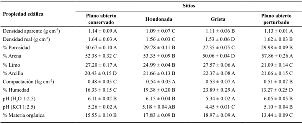 Valores promedio de las propiedades f&iacute;sicas de los suelos en sitios con topograf&iacute;a contrastante de la Reserva Ecol&oacute;gica del Pedregal de San &Aacute;ngel de Ciudad Universitaria (REPSA-CU). Las letras diferentes en cada propiedad ed&aacute;fica denotan diferencias significativas seg&uacute;n la prueba de Tukey con P < 0.05.