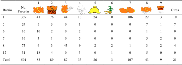 N&uacute;mero de parcelas (Milcocoli) por clase de tierra en los barrios estudiados.