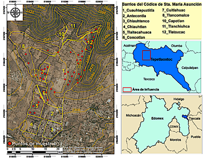 Localizaci&oacute;n de los sitios de muestreo en los barrios del CSMA (a partir de Williams, 1991).