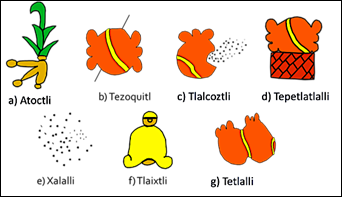 Glifos de las diferentes clases de tierras del CSMA: a) tierras formadas por el acarreo de part&iacute;culas por el agua; b) tierra negra de barro; c) tierra amarilla; d) tierras recuperadas o tepetates; e) tierra arenosa; f) tierras en las laderas; g) tierras pedregosas (a partir de Williams, 1981).