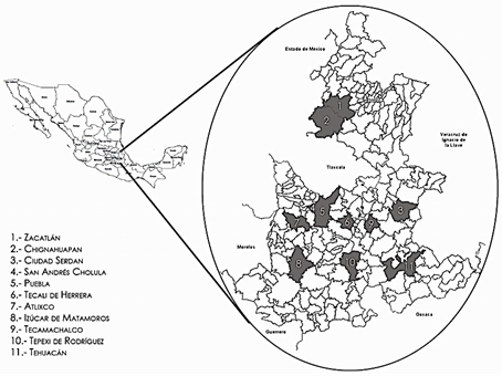 Distribuci&oacute;n de los municipios del estado de Puebla de donde se obtuvieron las muestras para el presente estudio.