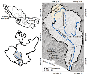 Localizaci&oacute;n de la cuenca del R&iacute;o Ayuquila-Armer&iacute;a en el &aacute;mbito nacional.