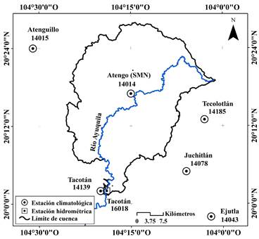 Localizaci&oacute;n de las estaciones climatol&oacute;gicas e hidrom&eacute;trica, utilizadas para la etapa de calibraci&oacute;n en la subcuenca Tacot&aacute;n.