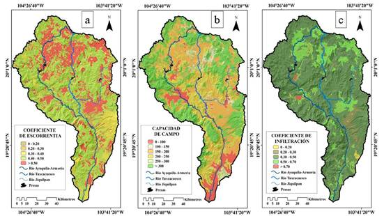 Mapa de valores indirectos, (a) coeficientes de escorrent&iacute;a, (b) capacidad de campo y, (c) coeficiente de infiltraci&oacute;n.