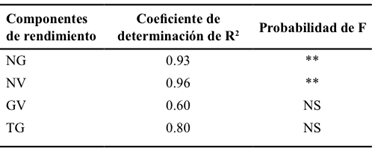 Correlación entre el rendimiento de grano con el número de granos (NG), número de vainas (NV), número de granos por vaina (GV) y tamaño de grano (TG).