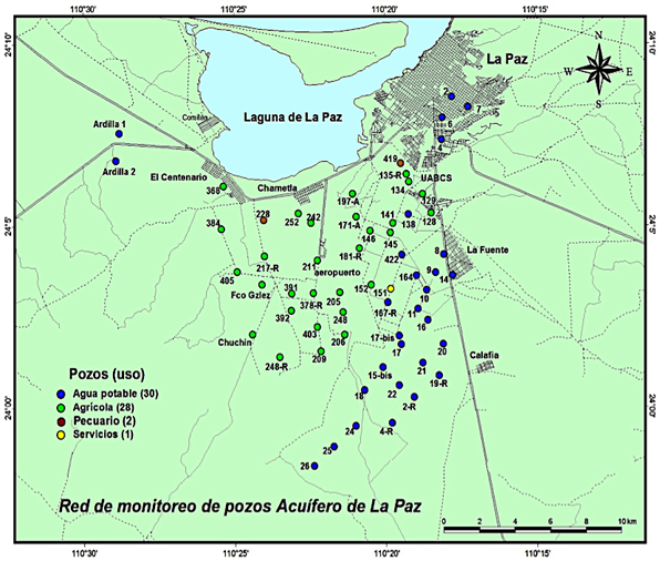 Mapa base de la red de monitoreo de pozos del acu&iacute;fero de La Paz. Se incluyen 30 pozos de agua potable, 28 agr&iacute;colas, dos pecuarios y uno de servicios.