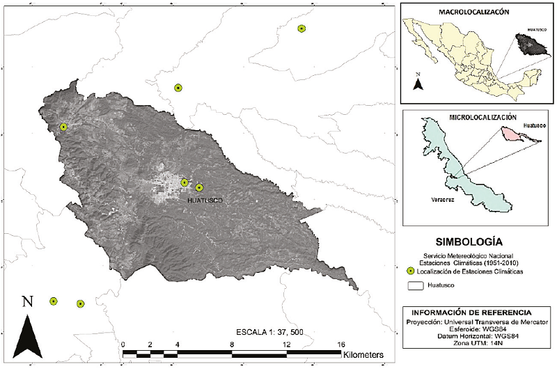 Localizaci&oacute;n de la zona de estudio (Huatusco de Cuellar, Veracruz, M&eacute;xico) y localizaci&oacute;n de estaciones meteorol&oacute;gicas.