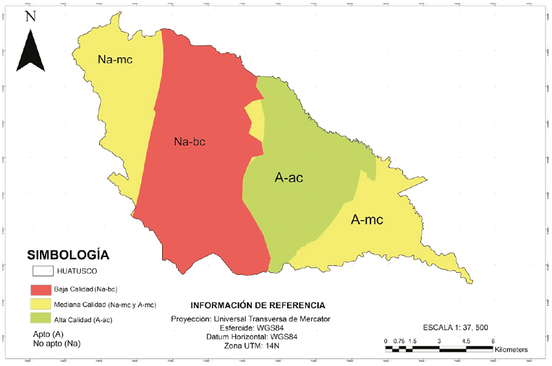 Mapa tem&aacute;tico de la aptitud potencial del caf&eacute;, en Huatusco, Veracruz.