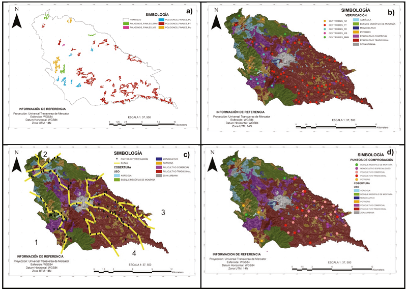 Mapas tem&aacute;ticos de componentes y subcomponentes de los agroecosistemas de caf&eacute;. a) pol&iacute;gonos vectoriales; b) puntos de verificaci&oacute;n; c) transectos y recorridos de comprobaci&oacute;n, y d) zonificaci&oacute;n campesina o conocimiento local y puntos de comprobaci&oacute;n.