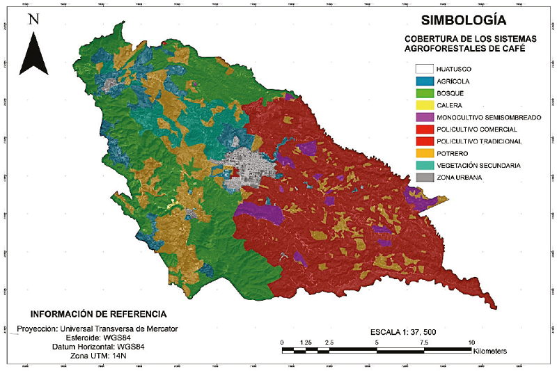 Mapa tem&aacute;tico de cobertura de los sistemas agroforestales de caf&eacute;.