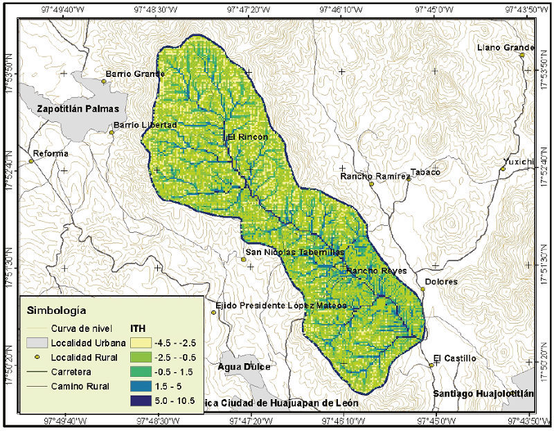 &Iacute;ndice topogr&aacute;fico de humedad (ITH) en la cuenca rancho Dolores.