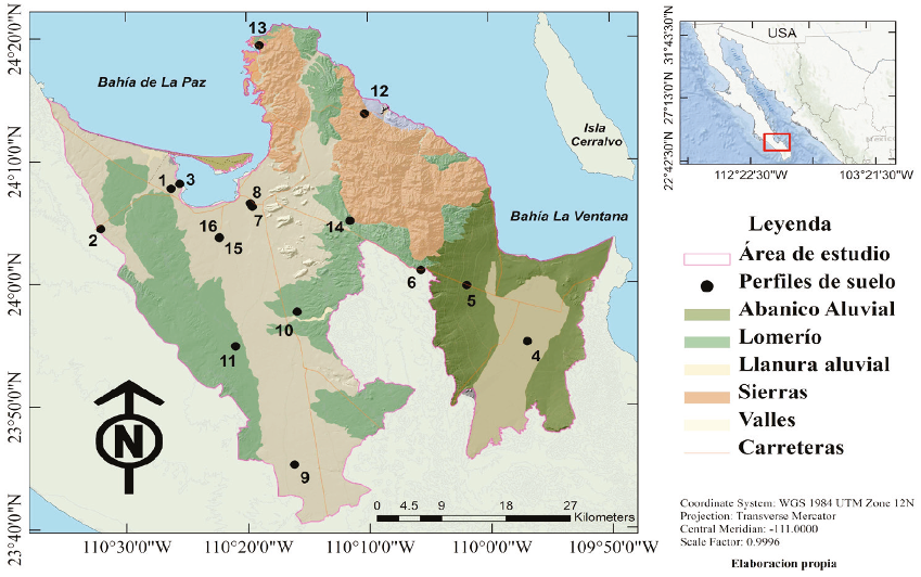 Mapa de las principales formas del relieve y distribuci&oacute;n de los perfiles de suelo dentro de la cuenca de La Paz y parte de la cuenca de Los Planes al sur de la pen&iacute;nsula de Baja California, M&eacute;xico.