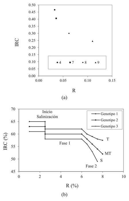 Modelo bifásico del efecto de la salinidad en las reflectancias del espacio espectral VIS-IRC. (a) Espacio R-IRC (en proporciones) de punto de muestreo de los genotipos 4, 7, 8 y 9; (b) modelo de evolución temporal en el espacio del R-IRC, en porcentaje, para los genotipos 1, 2 y 3. Las variables definidas son R = rojo e IRC = infrarrojo cercano; T = tolerante, MT = moderadamente tolerante; S = sensible.
