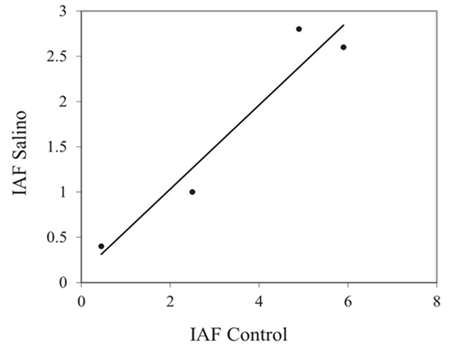 Relación entre los IAF (índice de área foliar) del cultivo salino y el de control.