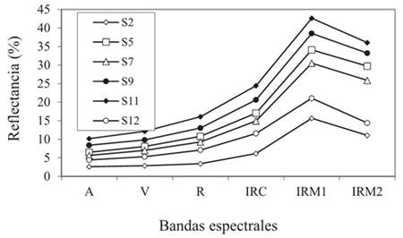 Espectro de la reflectancia de los suelos simulados. A = azul; V = verde; R = rojo; IRC = infrarrojo cercano; IRM1 = infrarrojo medio 1; IRM 2 = infrarrojo medio 2; S = tipo de suelo.