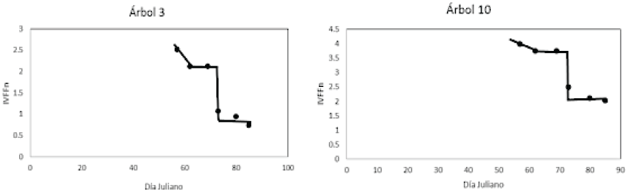 Patr&oacute;n temporal del IVFFn en arboles con alta (&aacute;rbol 3) y baja (&aacute;rbol 10) cobertura foliar. 