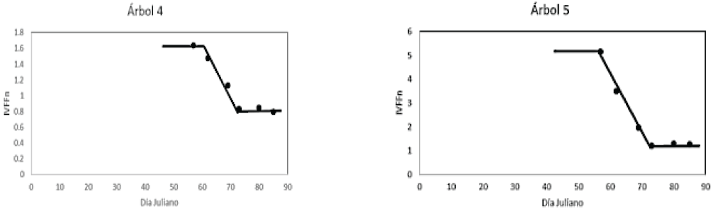 Patr&oacute;n temporal del &iacute;ndice de vegetaci&oacute;n IVFFn para &aacute;rboles con estadios fenol&oacute;gicos de desarrollo vegetal y floraci&oacute;n al mismo tiempo. 