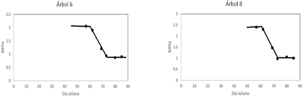 Patr&oacute;n temporal del IVFFn para los estadios de desarrollo vegetativo y floraci&oacute;n en huizaches con escaso follaje y floraci&oacute;n.