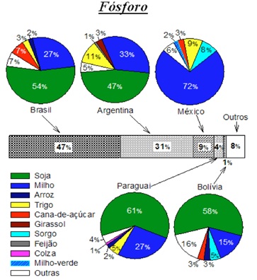 Porcentagem de participa&ccedil;&atilde;o nas exporta&ccedil;&otilde;es de P no produto colhido dos cinco principais pa&iacute;ses da ALC e de suas respectivas cinco principais culturas respons&aacute;veis pelas maiores exporta&ccedil;&otilde;es de P no produto colhido. Figure 2: Percentage share of export of P in the products harvested from the five main LAC countries and their respective five main crops responsible for the largest export of P in the harvested products. 