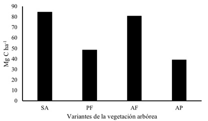 Carbono almacenado en la biomasa aérea de diferentes formas de vegetación forestal en el área periurbana Ocuiltzapotlán-Macultepec, Tabasco, México. SA = selvas y acahuales; PF = plantaciones forestales; AF = árboles frutales; AP = árboles en pastizales. Figure 3: Carbon stored in the shoot biomass of different forms of forest vegetation in the Ocuiltzapotlán-Macultepec peri-urban area, Tabasco, México. SA = jungles and acahuales; PF = forest plantations; AF = fruit trees; AP = trees in pasture.