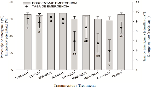 Tasa y porcentaje de emergencia de plántulas de pepino (Cucumis sativus L.) tratadas con cuatro medicamentos homeopáticos (SiT, NaM, MaP y ArA) en dos diferentes dinamizaciones centesimales (7CH y 13 CH). Letras diferentes denotan diferencias significativas mediante la prueba estadística de Tukey (HDS).
