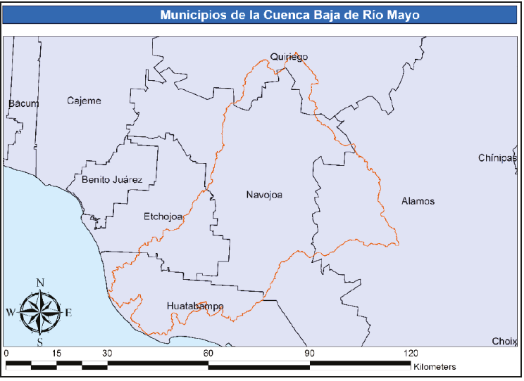 Municipios que conforman la cuenca baja del r&iacute;o Mayo.  Fuente: Elaboraci&oacute;n
							propia (2019).
