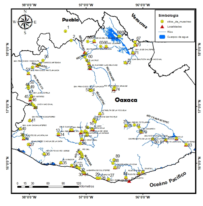 Ubicaci&oacute;n de las estaciones de muestreo de las aguas residuales de la red
								hidrogr&aacute;fica de Oaxaca.