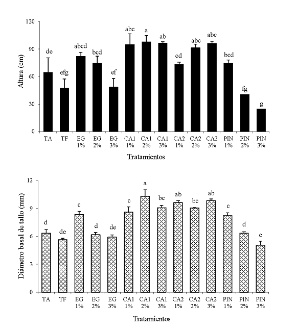 Valores medios de los tratamientos evaluados sobre la altura y di&aacute;metro basal de tallo del portainjerto Citrange troyer, 11 meses despu&eacute;s del trasplante. Letras sobre las barras indican diferencias estad&iacute;sticas significativas (Tukey, P &le; 0.05). n = 6. &plusmn; Error est&aacute;ndar.