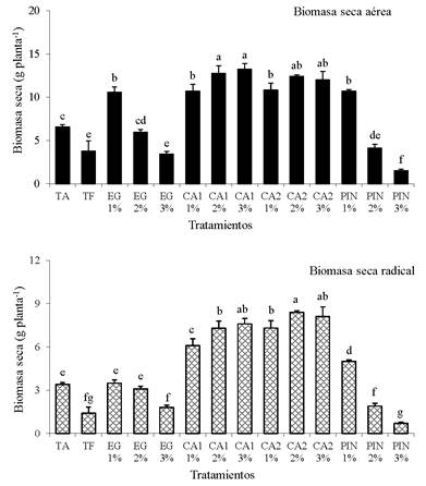 Valores medios de los tratamientos evaluados sobre la producci&oacute;n de biomasa seca en el portainjerto Citrange troyer, 11 meses despu&eacute;s del trasplante. Letras sobre las barras indican diferencias estad&iacute;sticas significativas (Tukey, P &le; 0.05). n= 6. &plusmn; Error est&aacute;ndar.