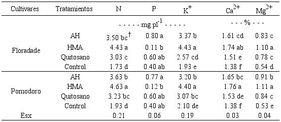 Efecto de la aplicación de ácido húmico, hongos micorrízicos, y quitosano sobre el contenido de minerales en la biomasa de plantas de tomate.