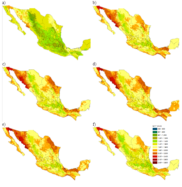 Evapotranspiraci&oacute;n de referencia ETP seg&uacute;n escenario actual (a) y escenarios de cambio clim&aacute;tico al horizonte lejano 2069-2099 y RCP8.5: (b) MPI; (c) REA; (d) HADGEM; (e) GFDL y (f) CNRM. 