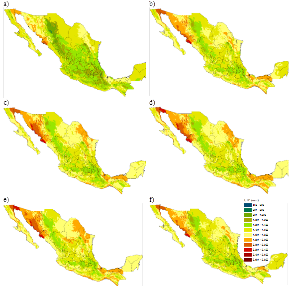 Evapotranspiraci&oacute;n de referencia ETP seg&uacute;n escenario (a) actual y de cambio clim&aacute;tico RCP4.5 horizonte lejano 2069-2099: (b) MPI; (c) REA; (d) HADGEM; (e) GFDL y (f) CNRM