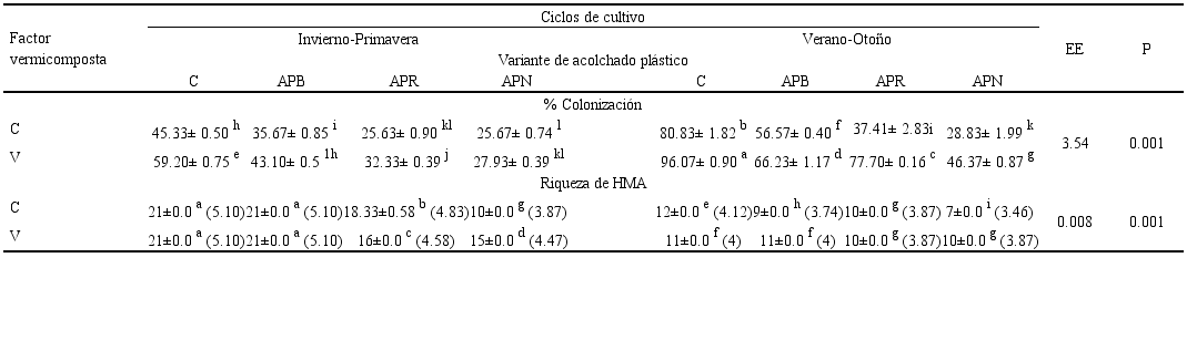 Interacción del ciclo de cultivo, acolchado plástico y vermicomposta sobre la colonización y riqueza de hongos micorrízicos arbusculares (HMA) en el cultivo de
C. pepo L.
Table 3: Interaction of the growing cycle, plastic padding and vermicompost on the colonization and richness of arbuscular mycorrhizal fungi (AMF) in the cultivation of
C. pepo L