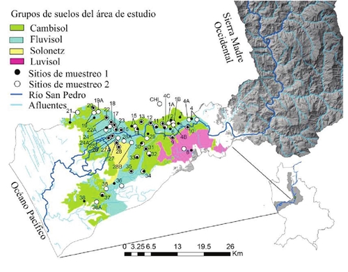 Ubicaci&oacute;n del &aacute;rea de estudio y sitios de muestreo. 
							Figure 1: Location of the study area and sampling sites
						