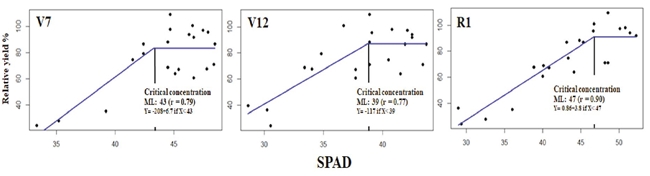 Relationship SPAD units with the relative grain yield in the phenological stages V7, V12 in the RML, and in R1, taken in the leaf wrapping the corn ear, estimating the CC with the linear-plateau model