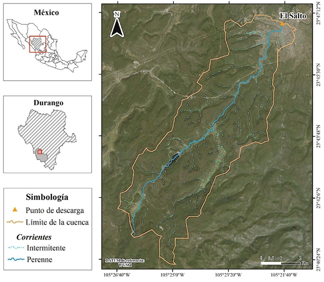 Ubicaci&oacute;n del &aacute;rea de estudio, cuenca El Salto, Durango, M&eacute;xico (Fuente: Elaboraci&oacute;n propia)
